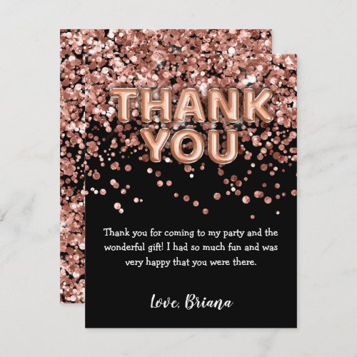 Thank You Card Modern Black Rose Gold Glitter