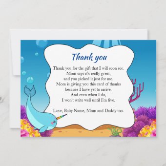 Thank you card narwahal under the sea custom | Zazzle