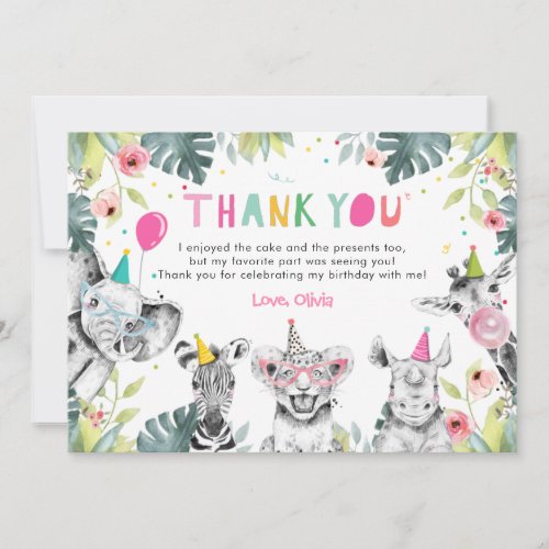 Thank You Card Party Animals Girl Safari Birthday