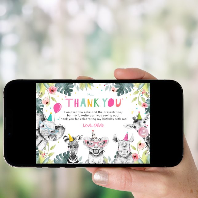 Thank You Card Party Animals Girl Safari Birthday (Front Digital)