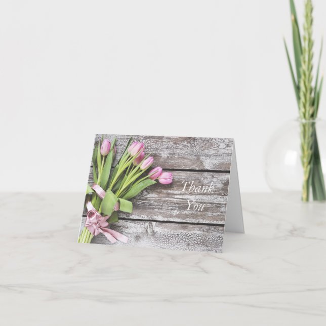 Thank You Card--Pink Tulips & Wood Card (Front)
