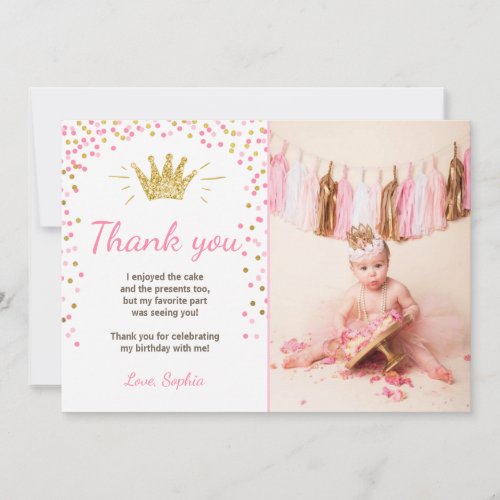Thank you card Princess Birthday Gold Pink