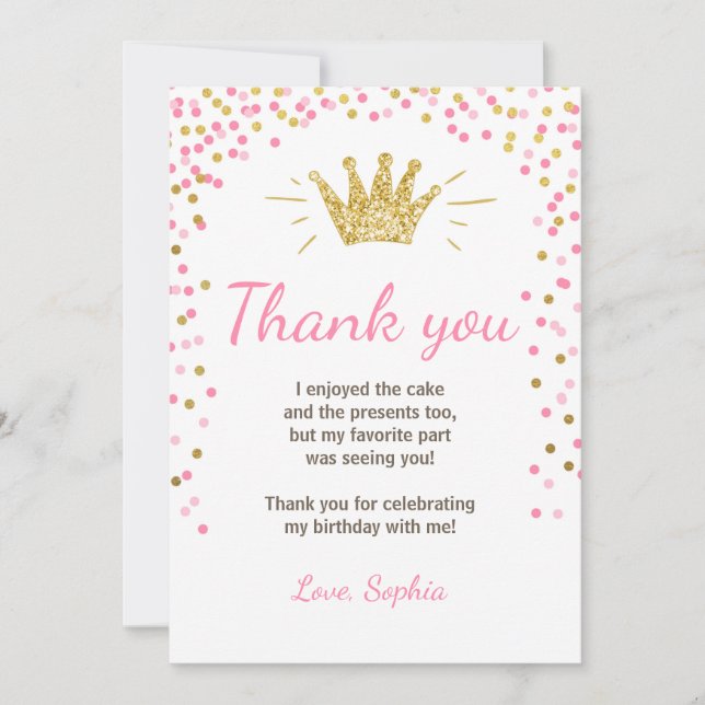 Thank you card Princess Birthday Gold Pink (Front)