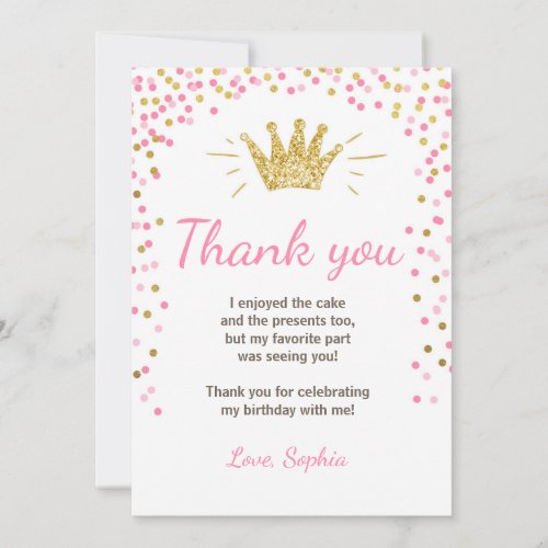 Thank you card Princess Birthday Gold Pink