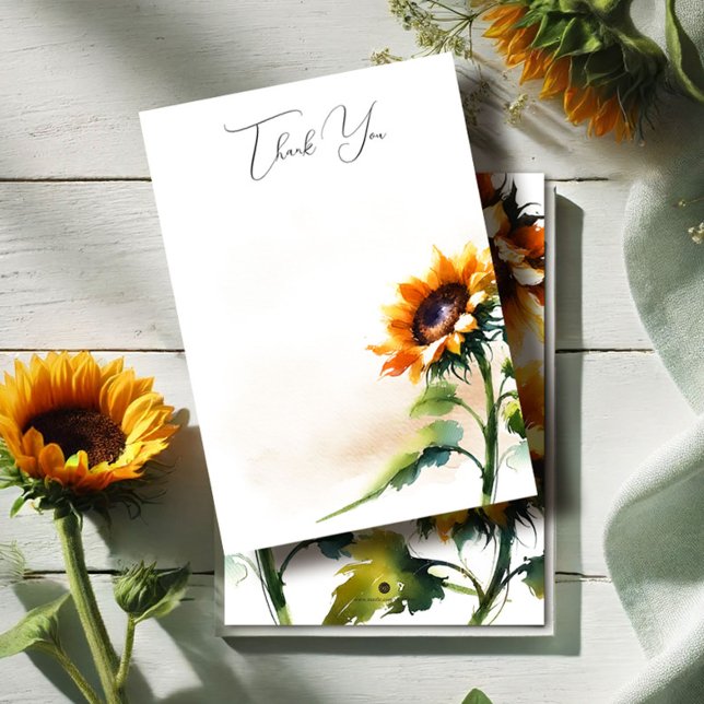 Thank You Card Rustic Sunflower (Sunflower wedding stationery features thank you card with watercolor floral design)