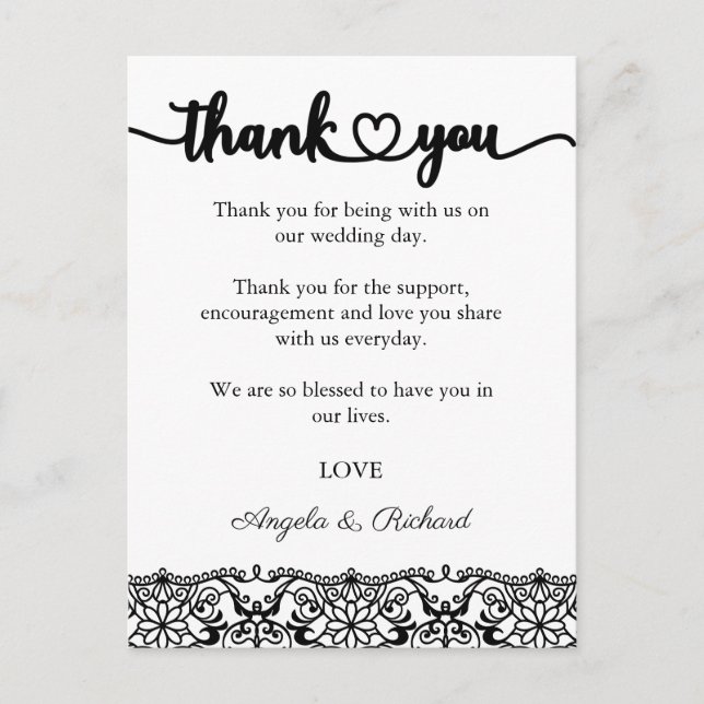 Thank You Card, Script Thank You Card, Lace Postcard (Front)
