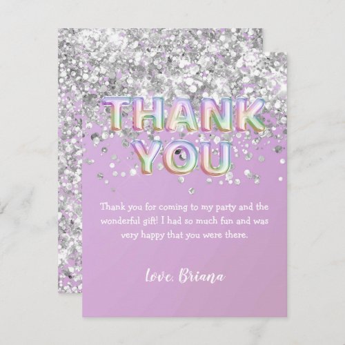 Thank You Card Silver Glitter Rainbow Balloons