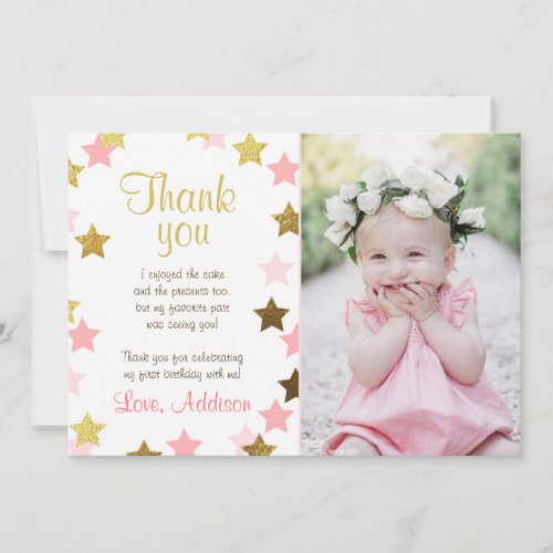 Thank You Card Stars Pink Gold Glitter Girl