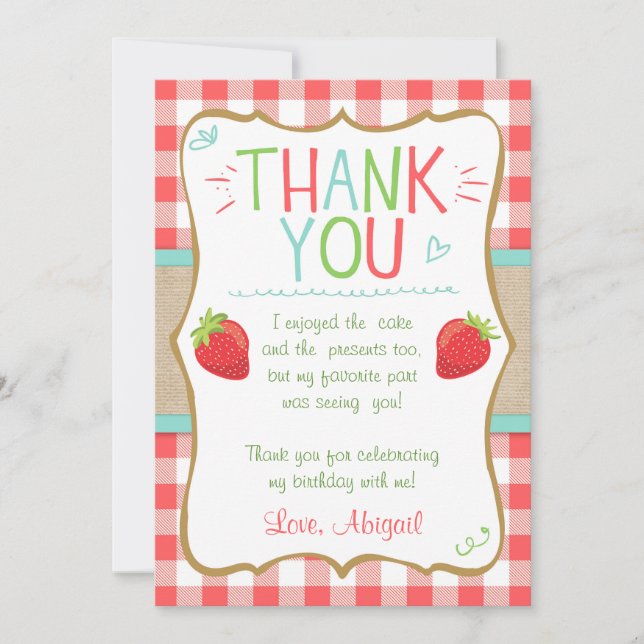 Thank you card Strawberry First Birthday Summer (Front)
