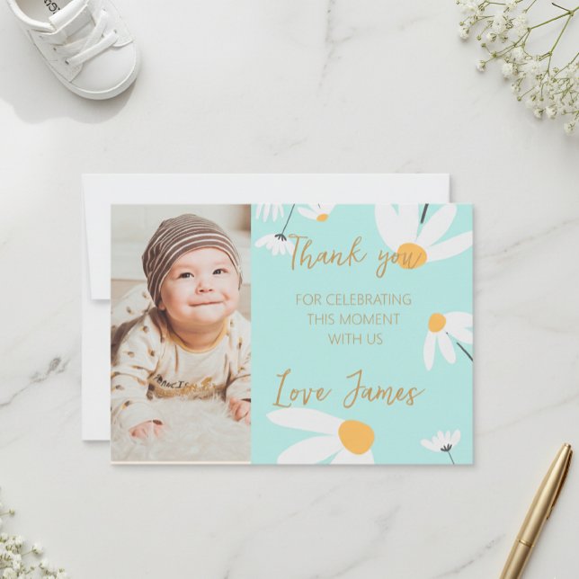 Thank you card template with photo of Daisy, blue  (Creator Uploaded)