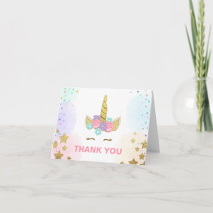 Thank you card Unicorn Gold Pink Girl Whimsical