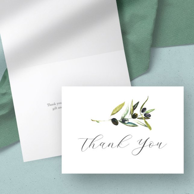 Thank You Card Watercolor Olive Branch (Olive branch cards for Italian wedding original watercolor art by Victoria Grigaliunas DoTellABelle)