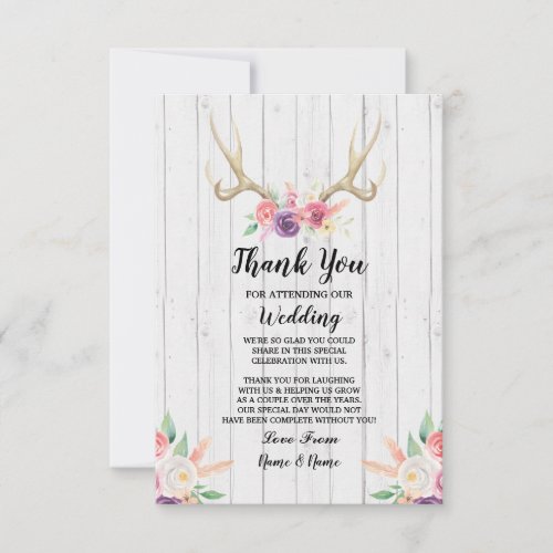 Thank You Card Wedding Antler Floral Wood Invite