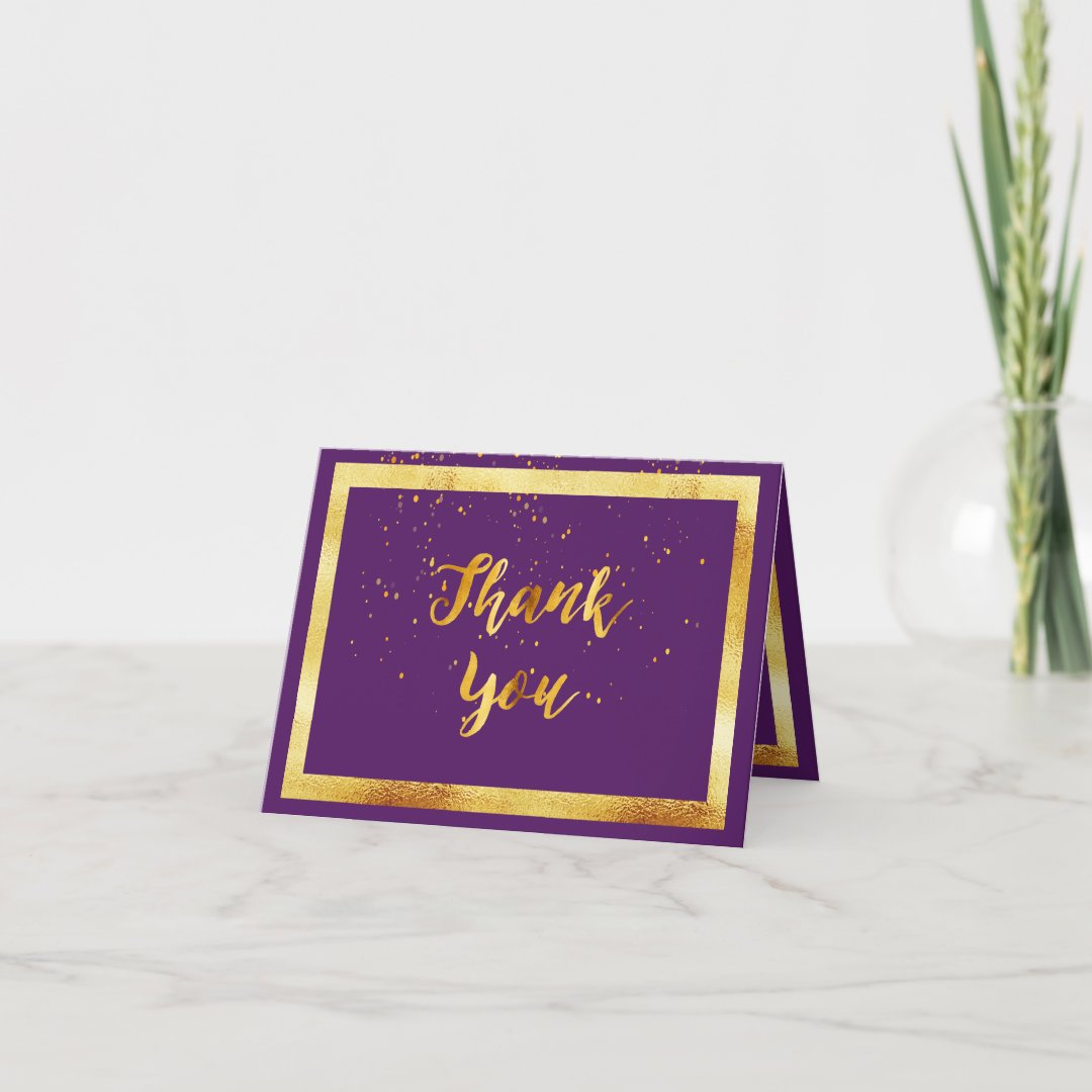 Thank you card wedding purple gold confetti Zazzle