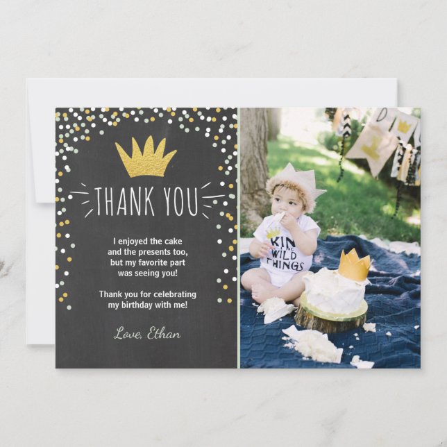 Thank you card Wild things Birthday Gold Boy Crown (Front)