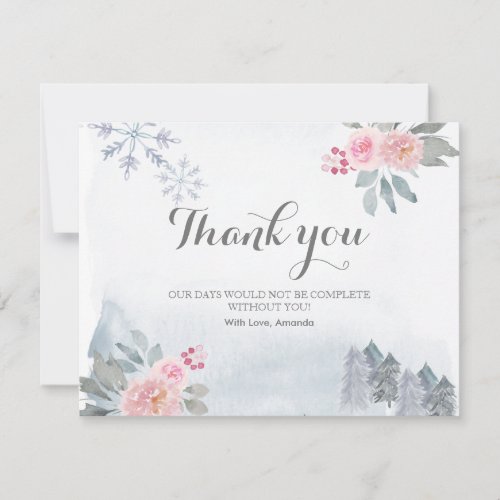 Thank you Card Winter Pink Floral Pine Trees Gold