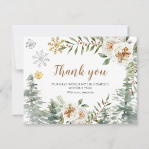 Thank you Card Winter White Floral Pine Trees Gold