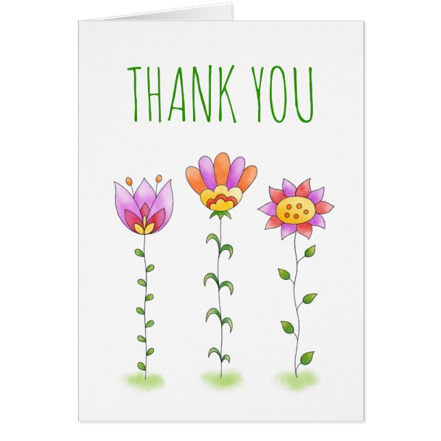Thank You Card With Cute Hand Painted Flowers (Front)