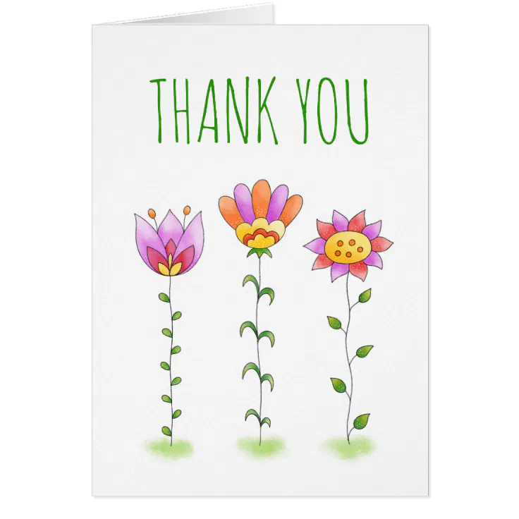 Thank You Card With Cute Hand Painted Flowers | Zazzle