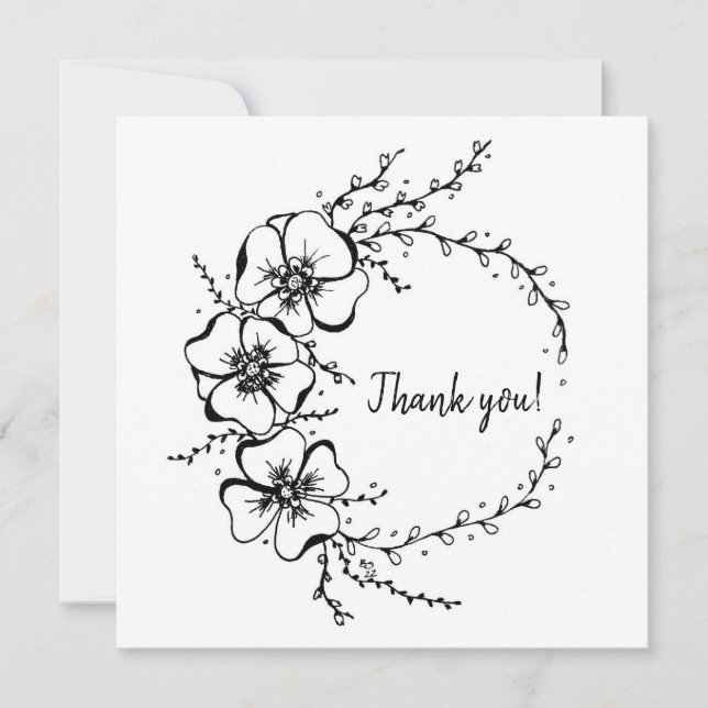 Thank you card with floral wreath, hand drawn (Front)