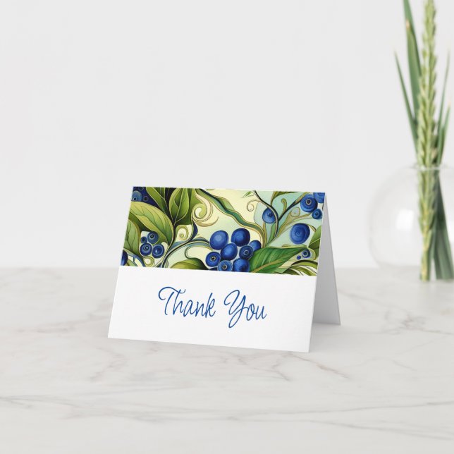Thank You Card with Green Leaves and Blue Berries (Front)