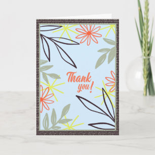 Thank You Card with Modern Florals Leaves on Blue
