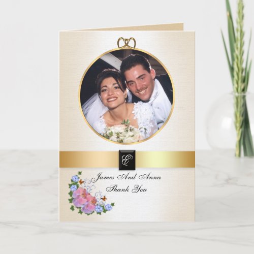 Thank you card with wedding photo and monogram