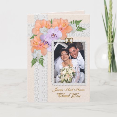 Thank you card with wedding photo floral elegance