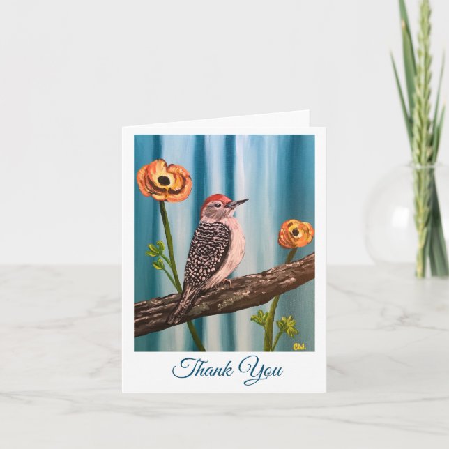 Thank You card with woodpecker and flowers (Front)