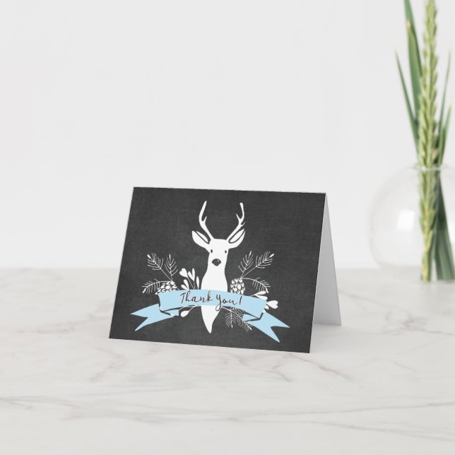 Thank You Card, Woodland Deer Chalkboard, Blue (Front)
