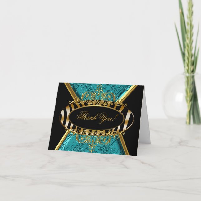 Thank You Card Zebra Teal Black Gold Damask (Front)