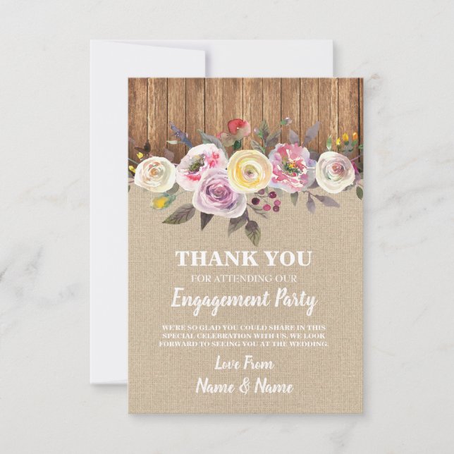 Thank You Cards Burlap Wood Watercolor Flowers (Front)