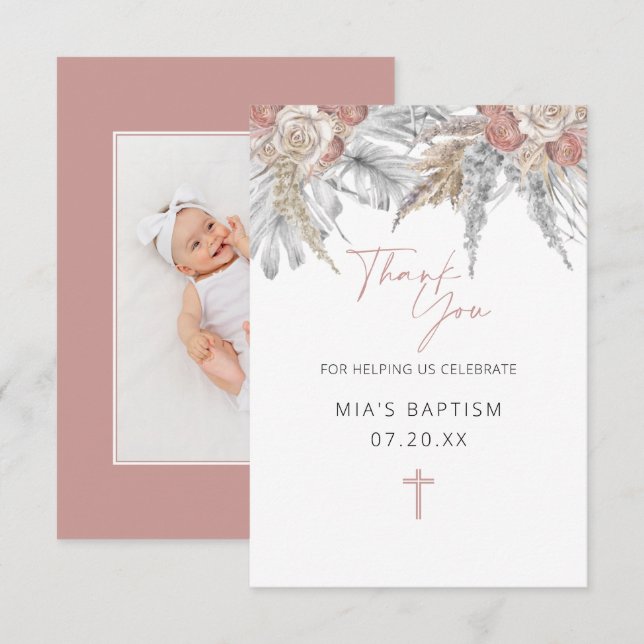 Thank You Cards for Baptism | Pink Floral Boho (Front/Back)
