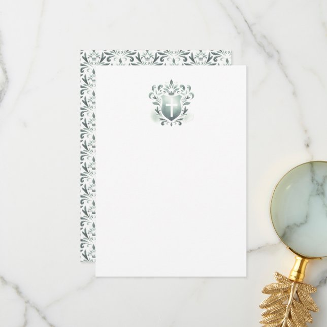 Thank You Cards Sage Green Crest & Cross (Front/Back In Situ)