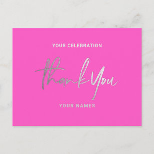 Thank You Cards Silver Faux Foil Neon Fuchsia Pink