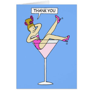 Thank you Cartoon Lady in a Cocktail Glass Cards