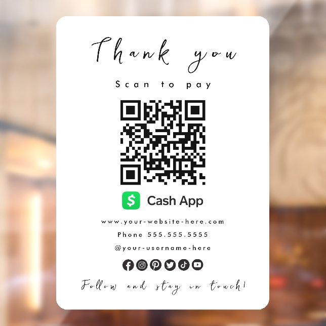 Thank You Cash App QR Code Scan to Pay White Window Cling (Sheet 2)