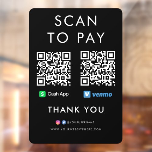 Thank you Cash App Venmo Scan to Pay QR Code Black Window Cling