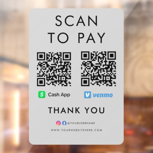 Thank you Cash App Venmo Scan to Pay QR Code Grey Window Cling