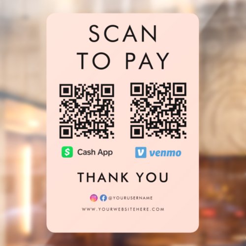 Thank you Cash App Venmo Scan to Pay QR Code Pink Window Cling