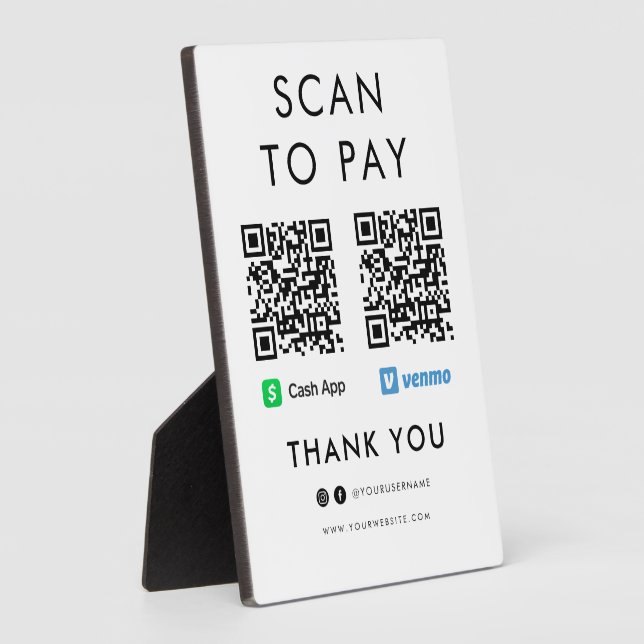 Thank you Cash App Venmo Scan to Pay QR Code White Plaque (Side)