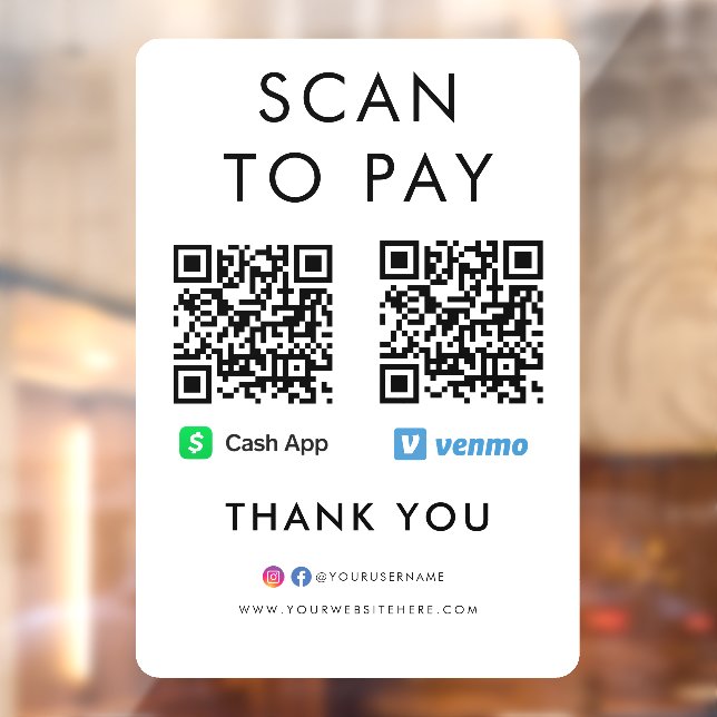 Thank you Cash App Venmo Scan to Pay QR Code White Window Cling (Sheet 2)