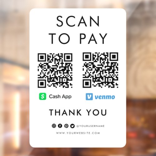 Thank you Cash App Venmo Scan to Pay QR Code White Window Cling