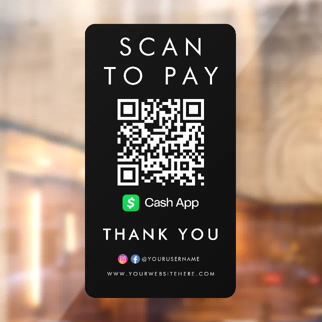 Thank you CashApp Modern Scan to Pay QR Code Black Window Cling | Zazzle