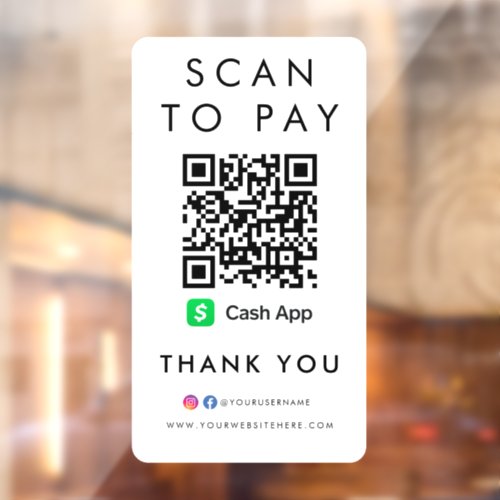 Thank you CashApp Modern Scan to Pay QR Code White Window Cling