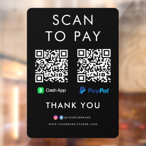 Thank you CashApp Paypal Scan to Pay QR Code Black Window Cling