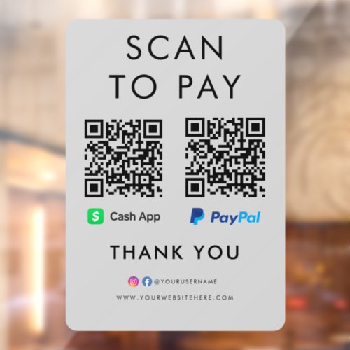 Thank you CashApp Paypal Scan to Pay QR Code Grey Window Cling