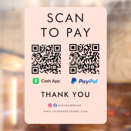 Thank you CashApp Paypal Scan to Pay QR Code Pink Window Cling