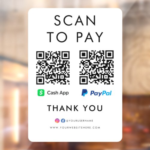 Thank you CashApp Paypal Scan to Pay QR Code White Window Cling