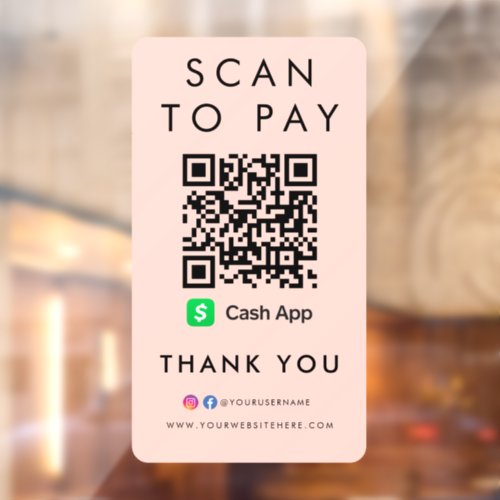 Thank you CashApp Scan to Pay QR Code Blush Pink Window Cling